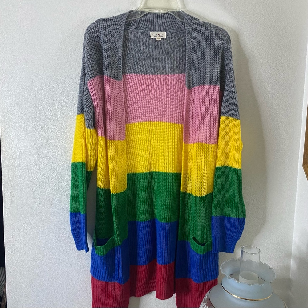 R Ultra Flirt Colorful Striped Colorblock Open Cardigan Long Line Sweater XS